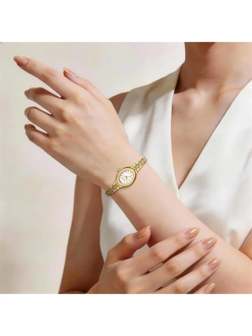 Women's Gold White Classic Retro Bracelet Oval Case and Minimalist Dial Watch